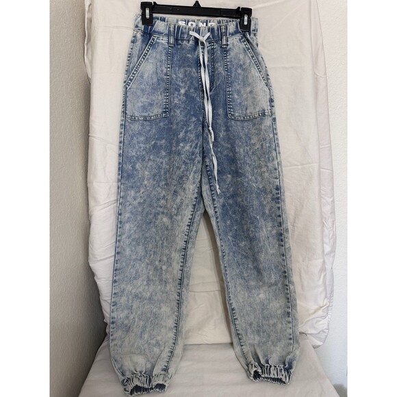 S.O.N.G. Denim - S.O.N.G. Acid Wash grunge Drawstring Women's Denim Jeans Light Blue Elastic Wst